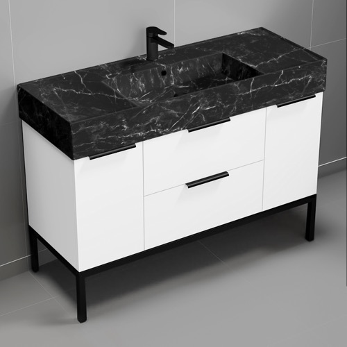 Nameeks DERIN970 48 Inch Black Marble Style Sink Free Standing Single Bathroom Vanity, Counter Space, 2 Doors, 2 Drawers, Glossy White